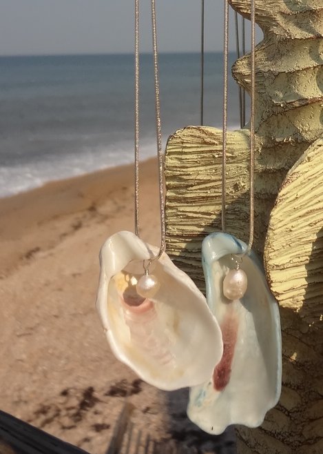 Oyster Shell/Fresh Water Pearl Sterling Necklace